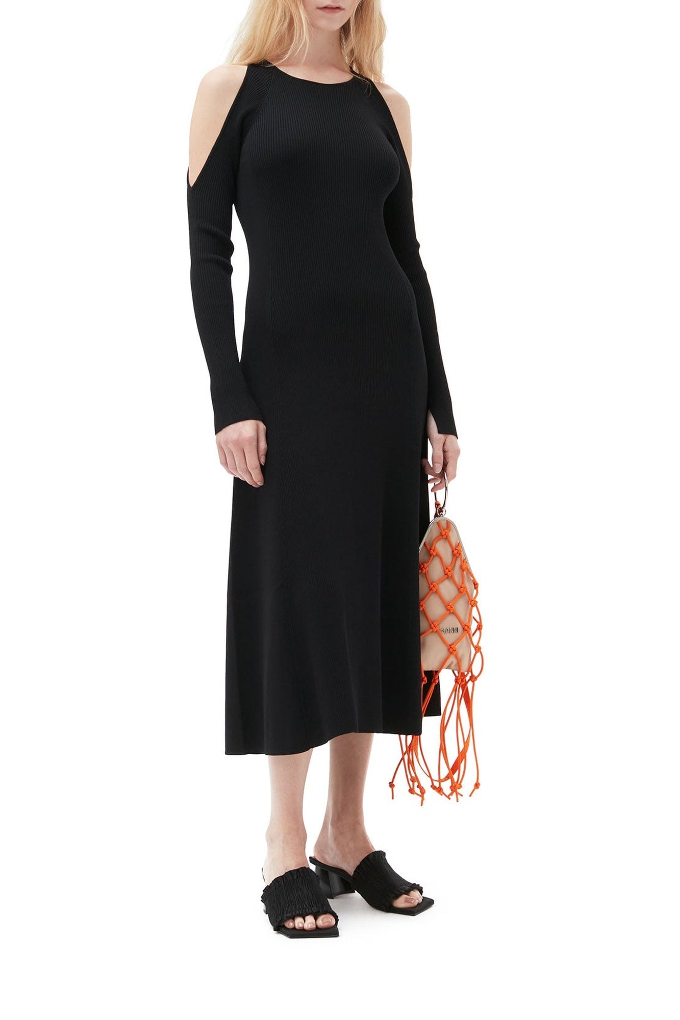 Robe midi à dos ouvert en tissu mélangé - Black
