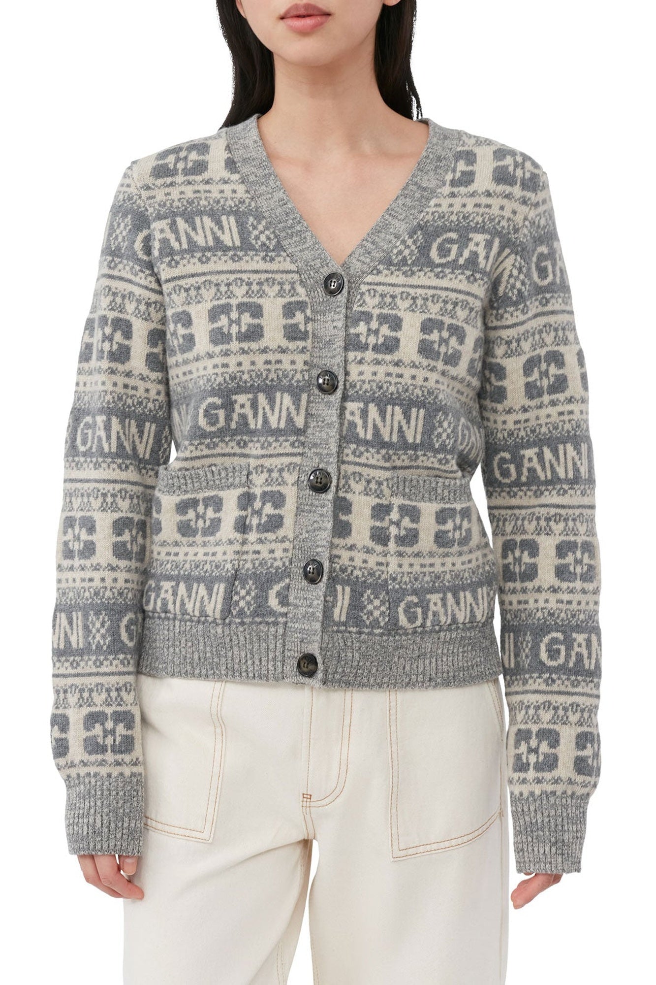 Wool blend logo cardigan - Frost Gray