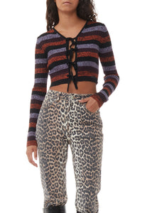 Cardigan court côtelé rayé en laine - Multicolour