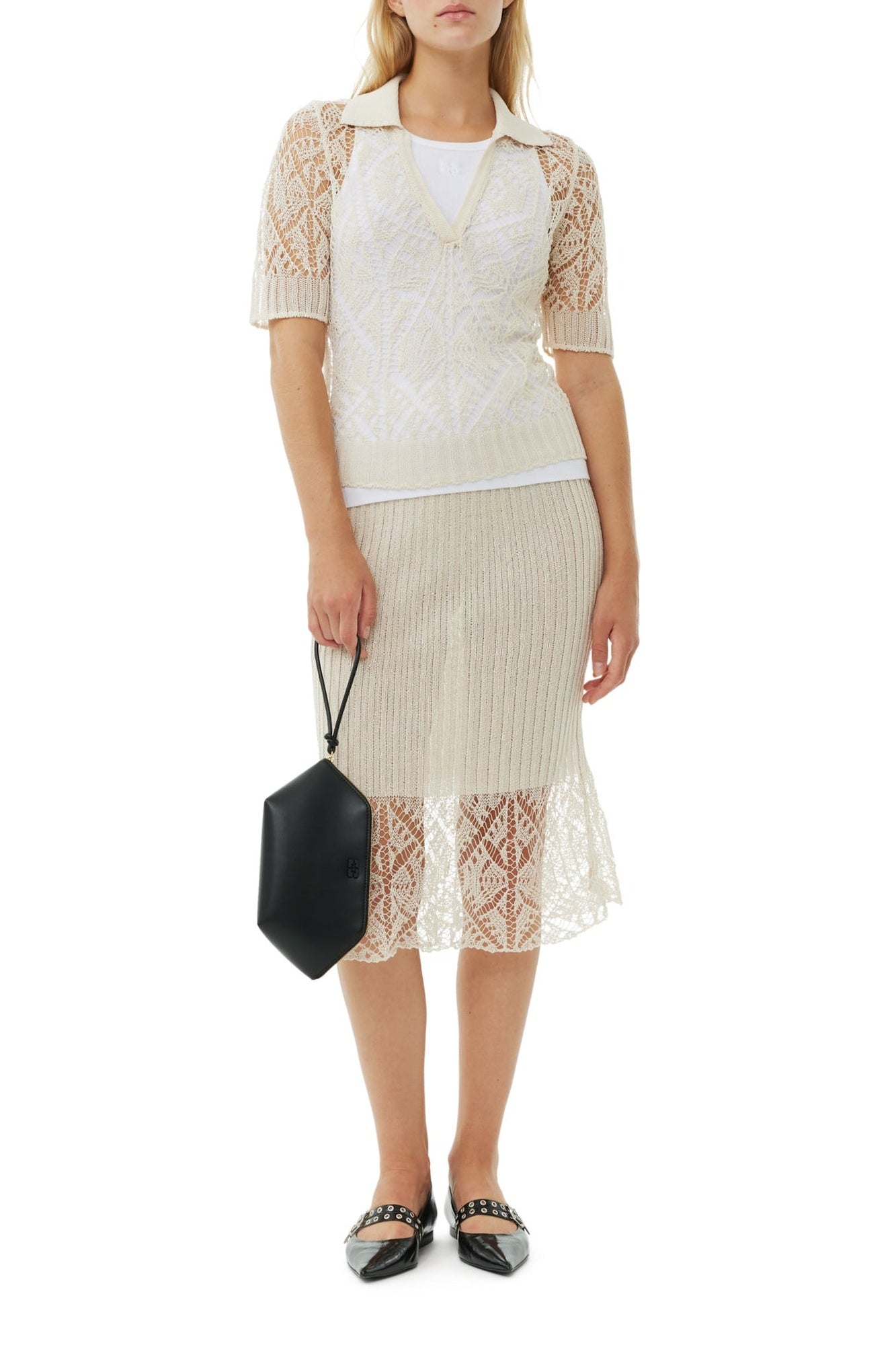 Polo à dentelle en coton - Egret