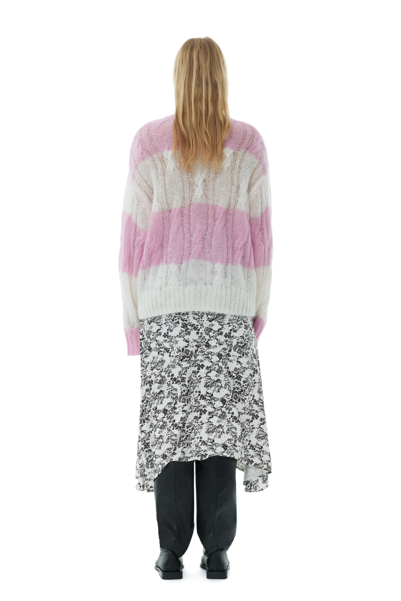 Pull rayé à col rond et torsades en laine - Lilac Sachet