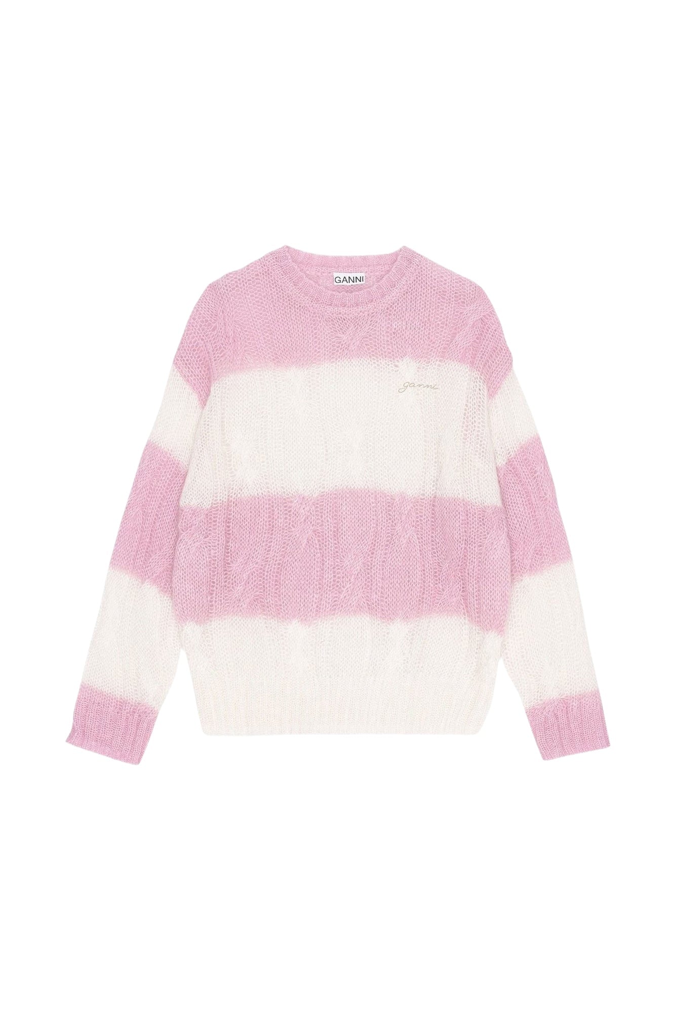 Pull rayé à col rond et torsades en laine - Lilac Sachet