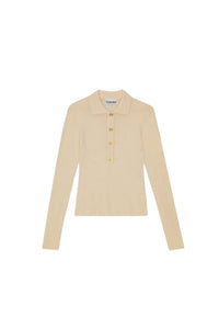 Long-sleeved button-down polo shirt in wool - Egret