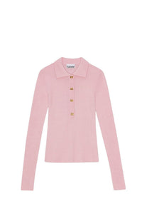 Polo à manches longues boutonné en laine - Chalk Pink