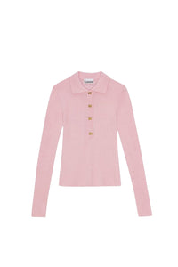 Polo à manches longues boutonné en laine - Chalk Pink
