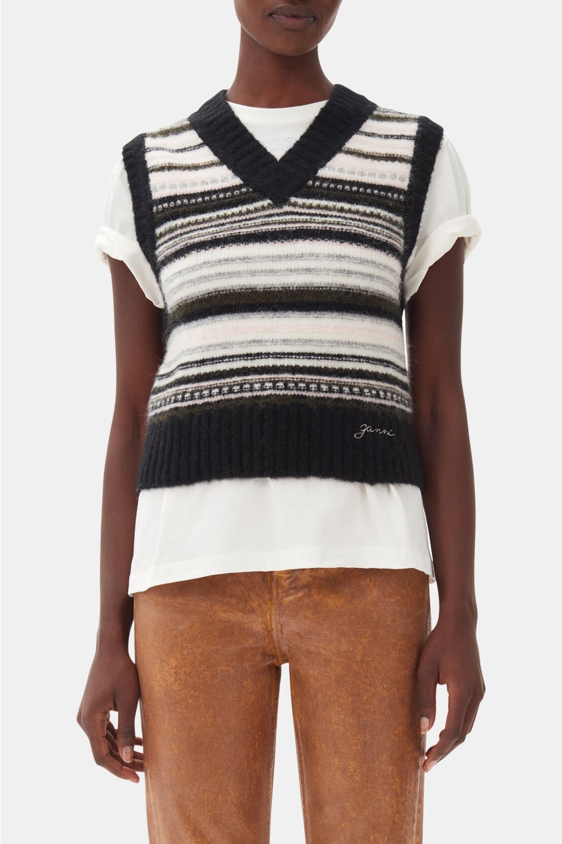 Pull sans manches à rayures en laine - Black