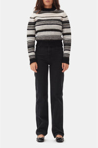 Pull à col rond et rayures en laine - Black