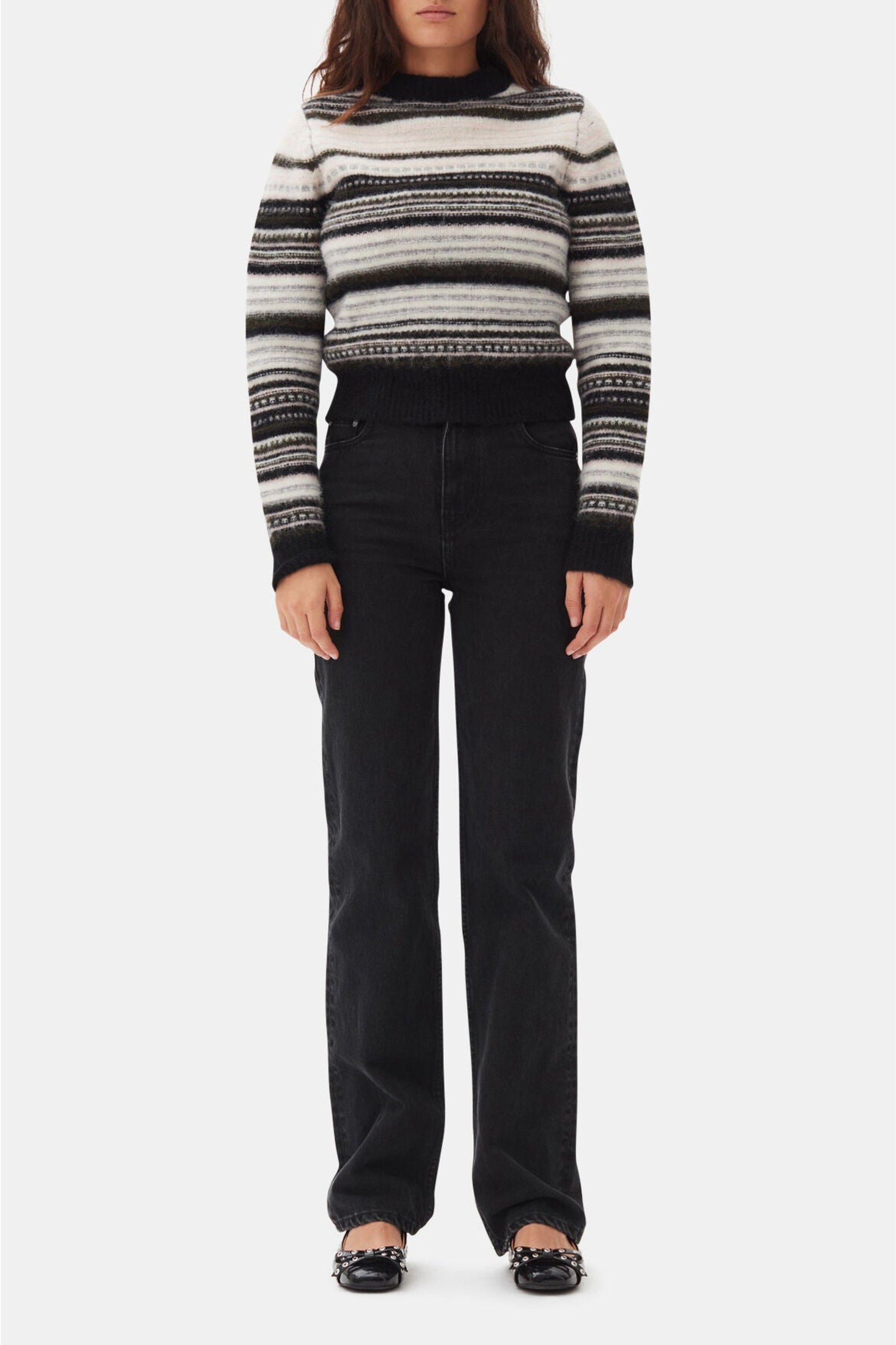 Pull à col rond et rayures en laine - Black