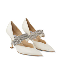 Kari 90 pointed-toe pumps in leather with crystals - Latte & Crystal