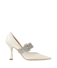 Kari 90 pointed-toe pumps in leather with crystals - Latte & Crystal