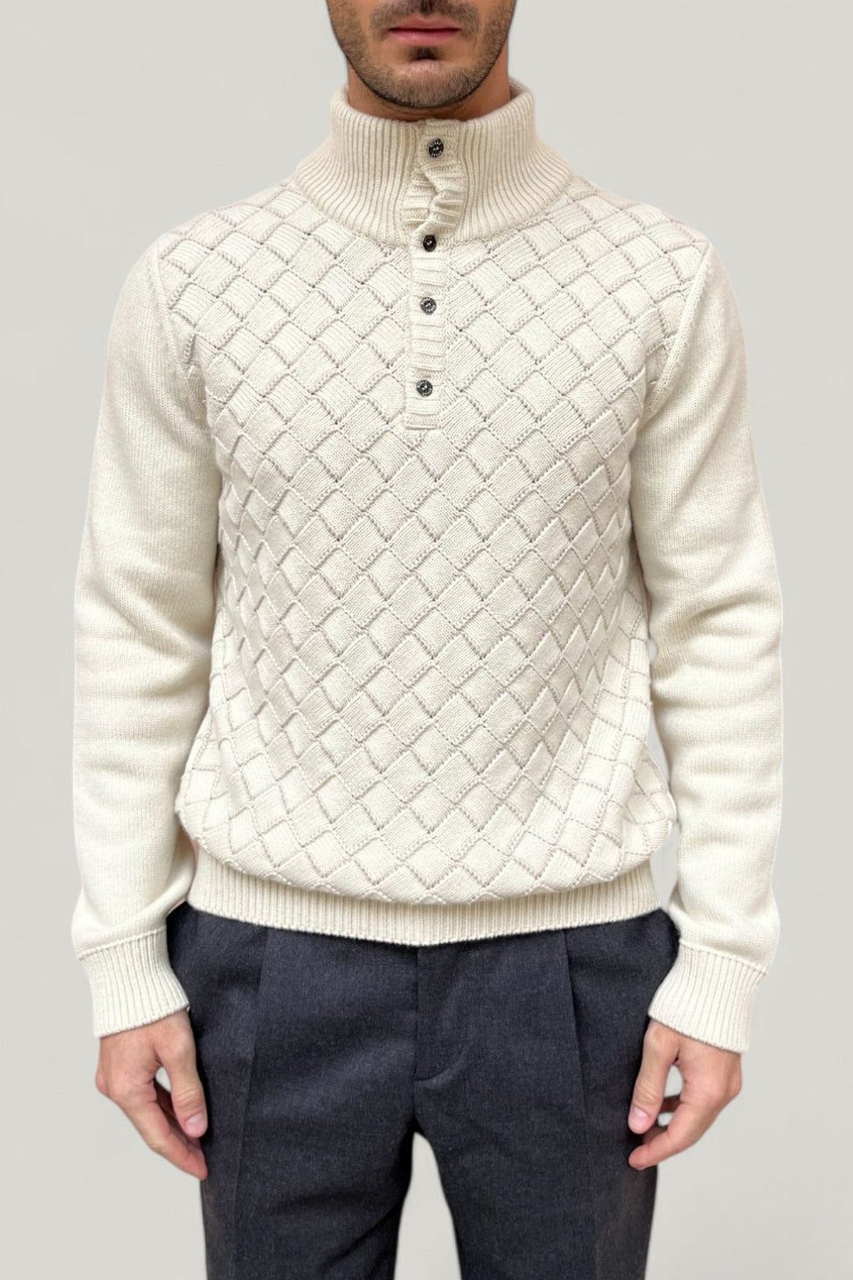 Pull à col montant avec boutons en cachemire - Blond Fawn