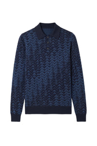 Polo boutonné à manches longues en laine - Dark Navy