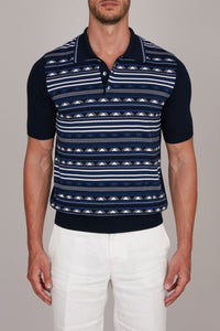 Polo à motif géométrique en soie - Bleu & Blanc