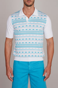 Polo à motif géométrique en soie mélangée - Blanc & Bleu