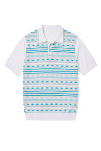 Polo à motif géométrique en soie mélangée - Blanc & Bleu
