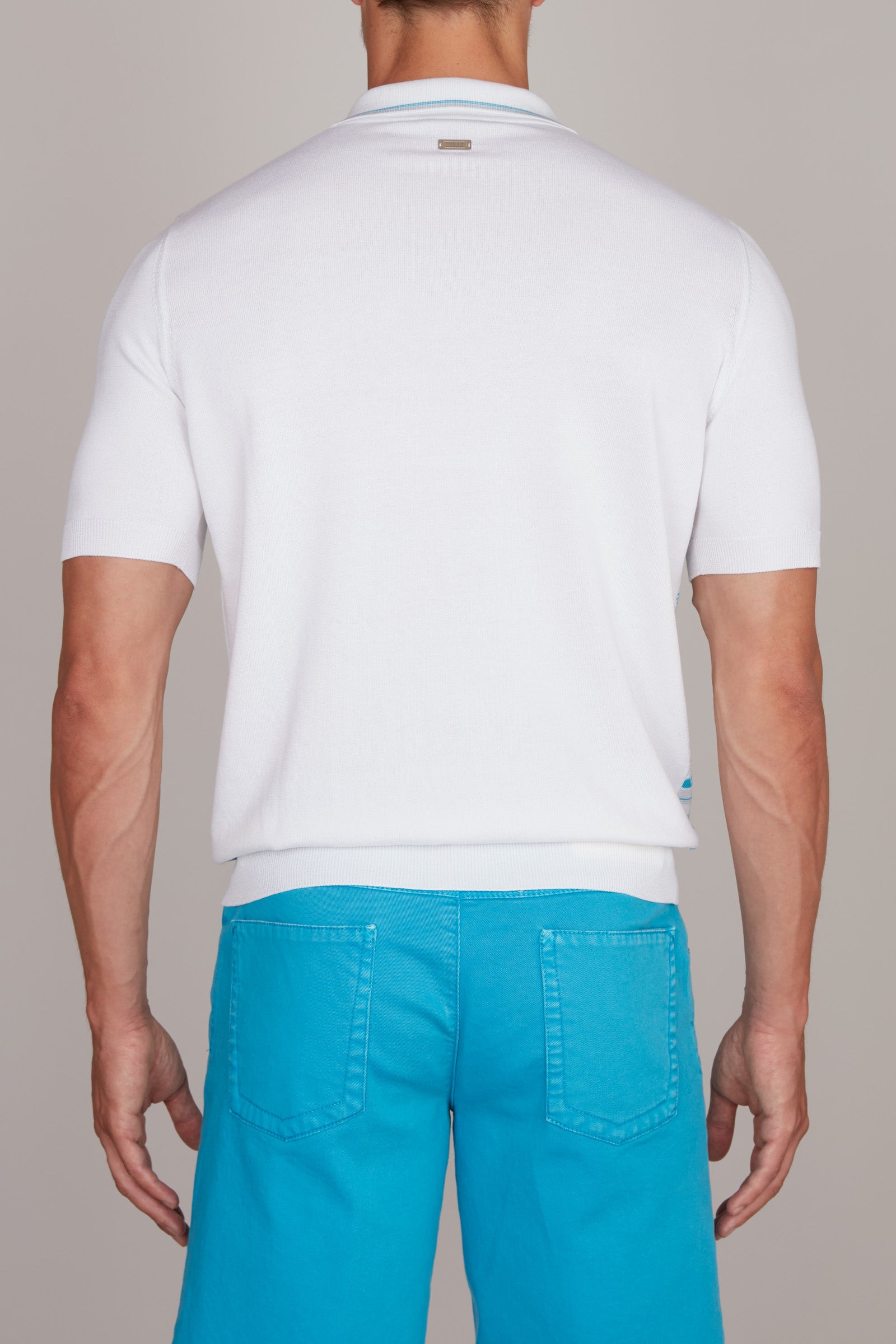 Polo à motif géométrique en soie mélangée - Blanc & Bleu