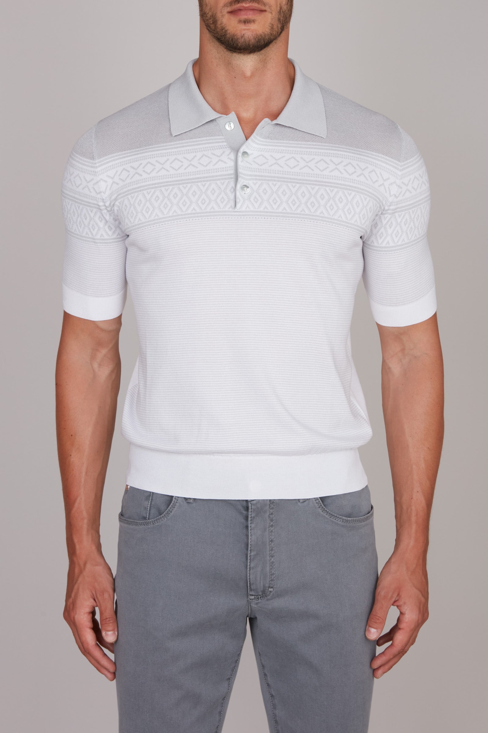 Polo à motif géométrique en soie mélangée - Blanc&Gris