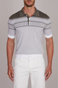 Polo à motifs jacquard et rayures en soie - Gris & Vert
