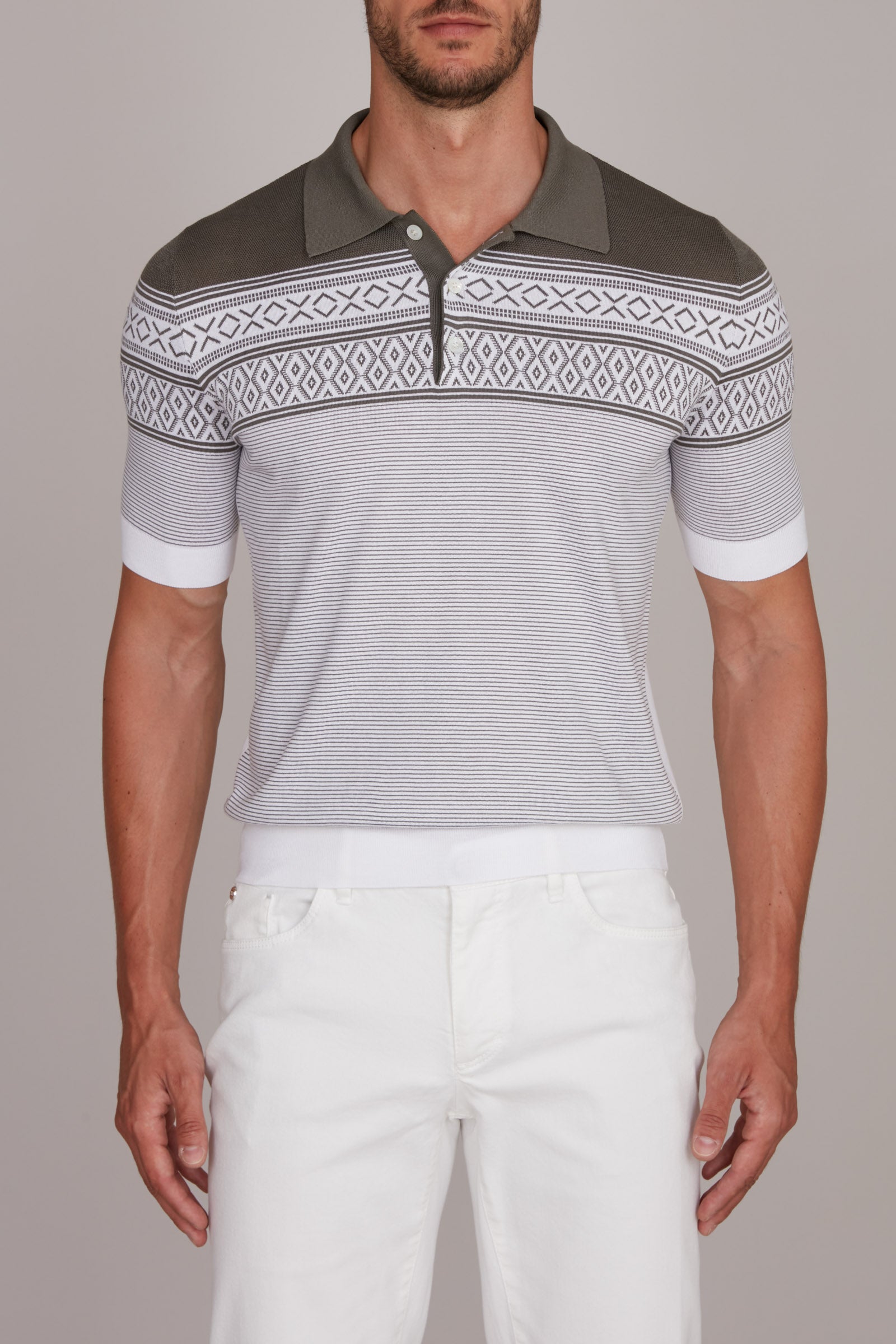 Polo à motifs jacquard et rayures en soie - Gris & Vert