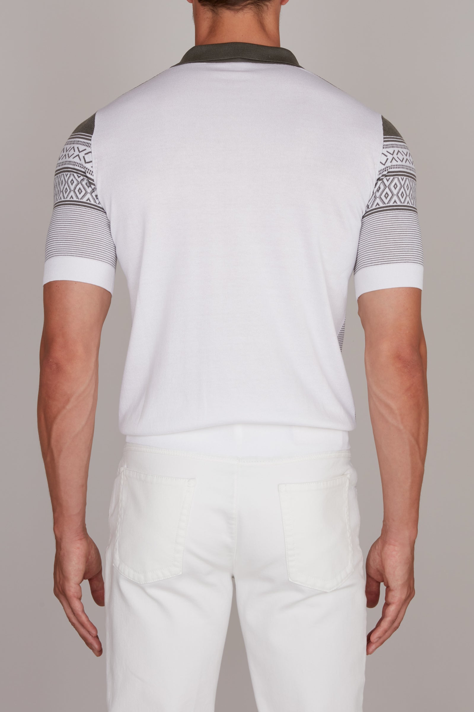 Polo à motifs jacquard et rayures en soie - Gris & Vert