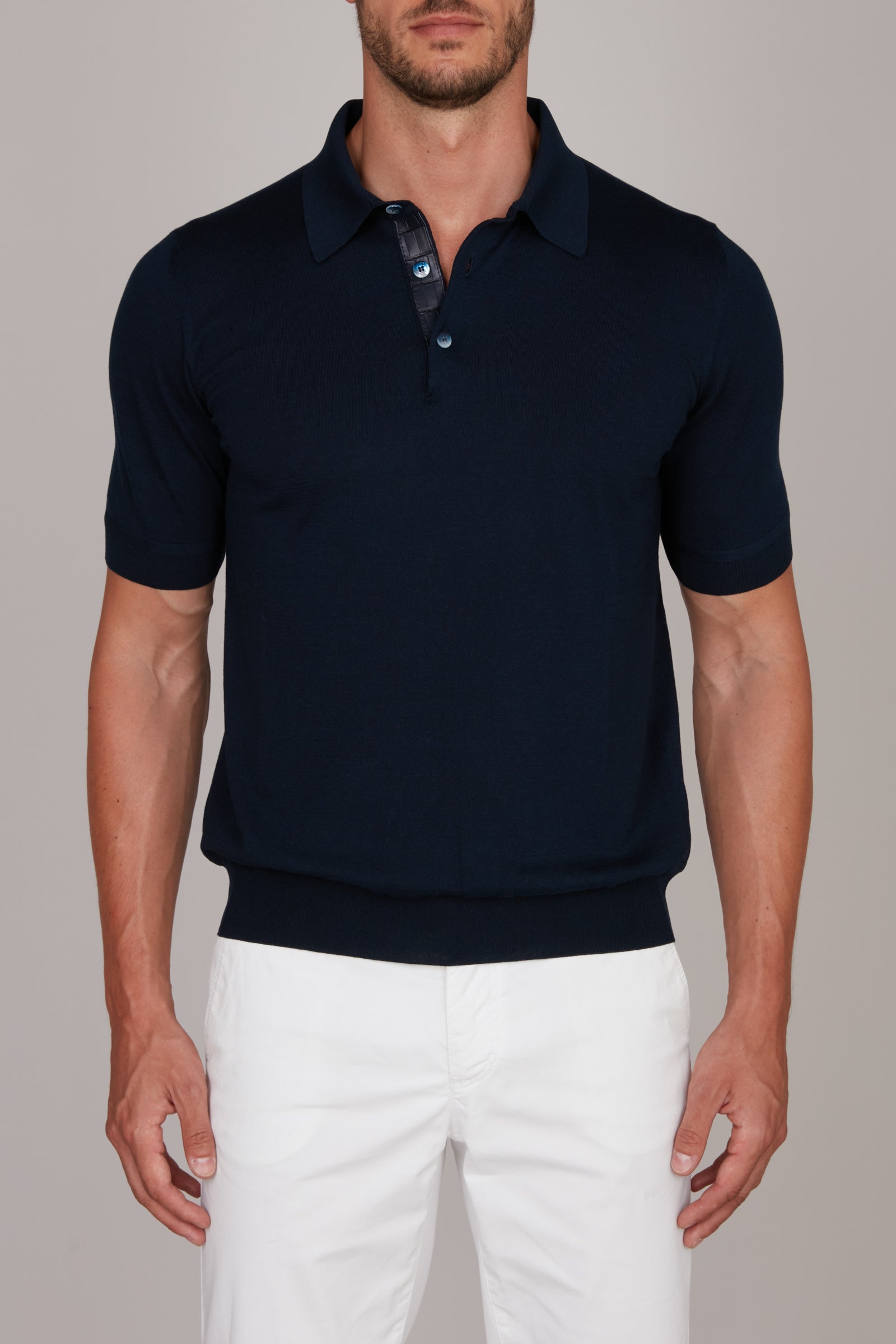 Polo à motif en soie mélangée - Bleu