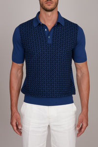 Polo à motif jacquard en soie - Bleu & Bleu foncé