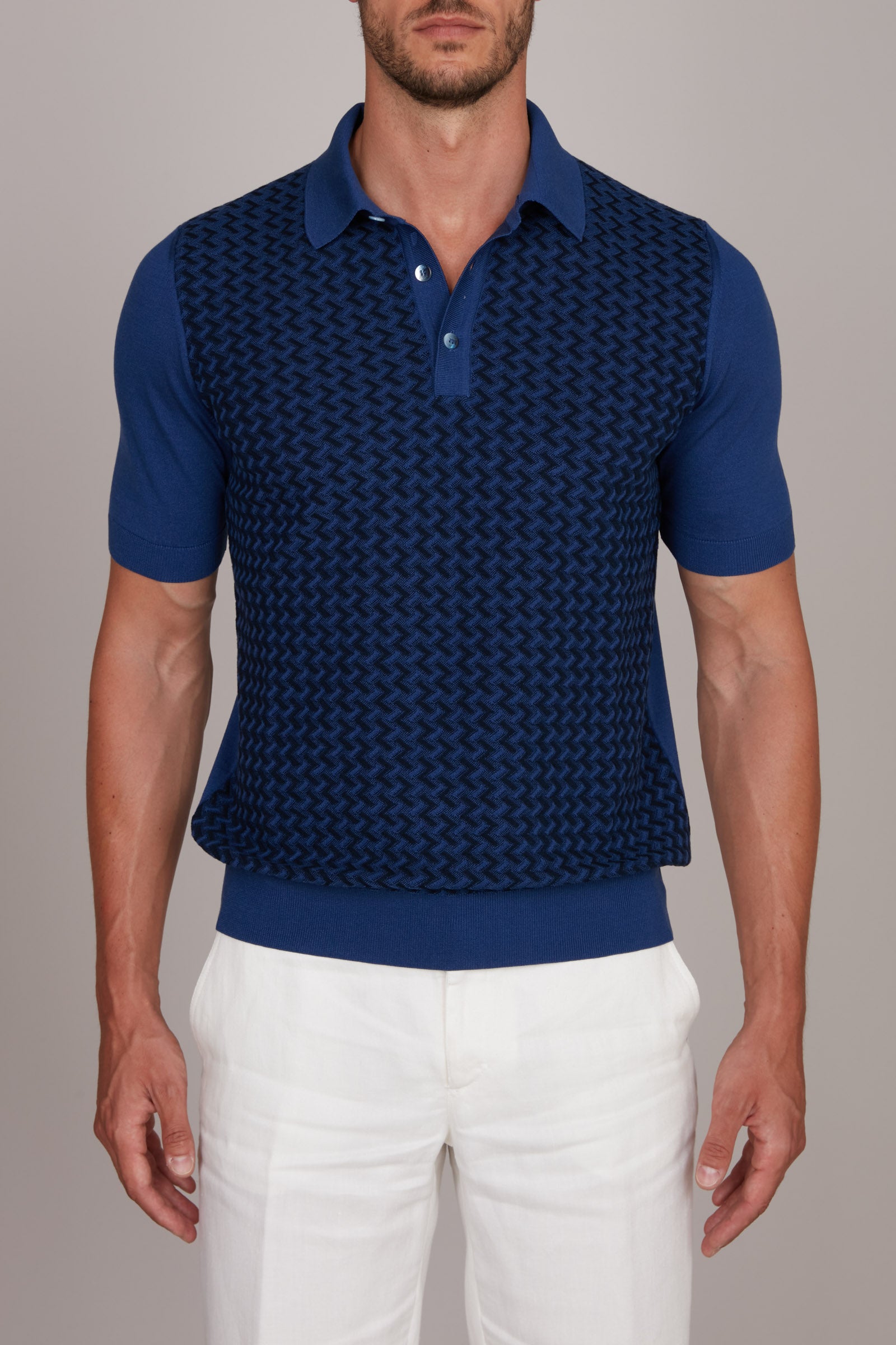 Polo à motif jacquard en soie - Bleu & Bleu foncé