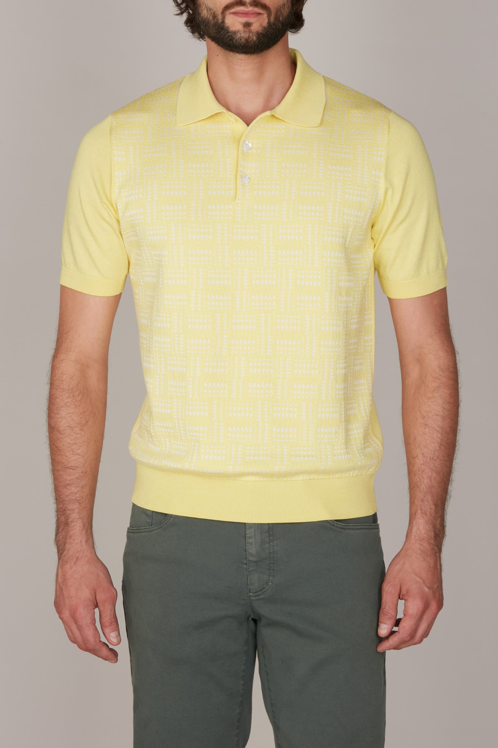 Polo à motif jacquard en soie mélangée - Jaune & Blanc