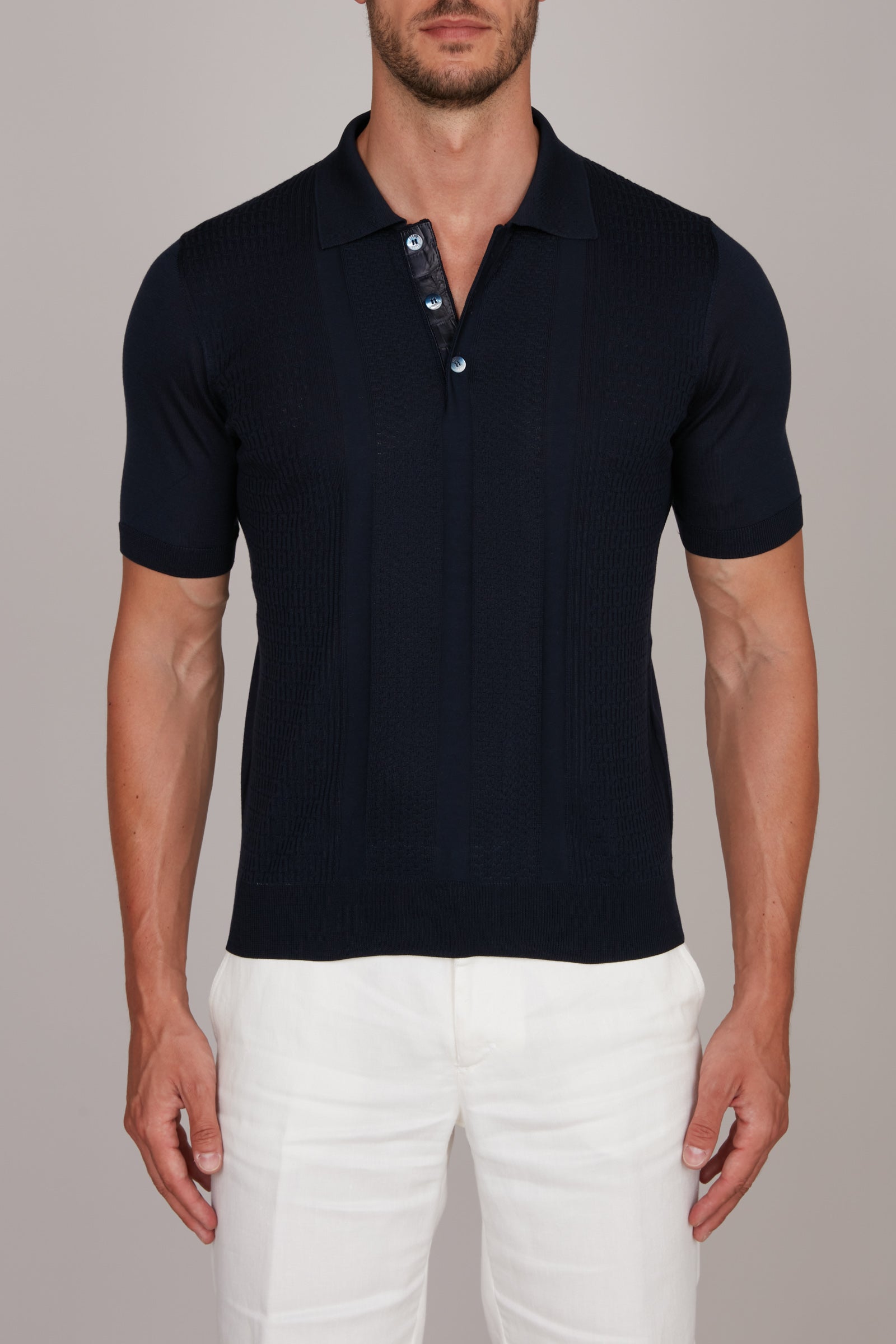 Polo à maille côtelée en soie - Bleu