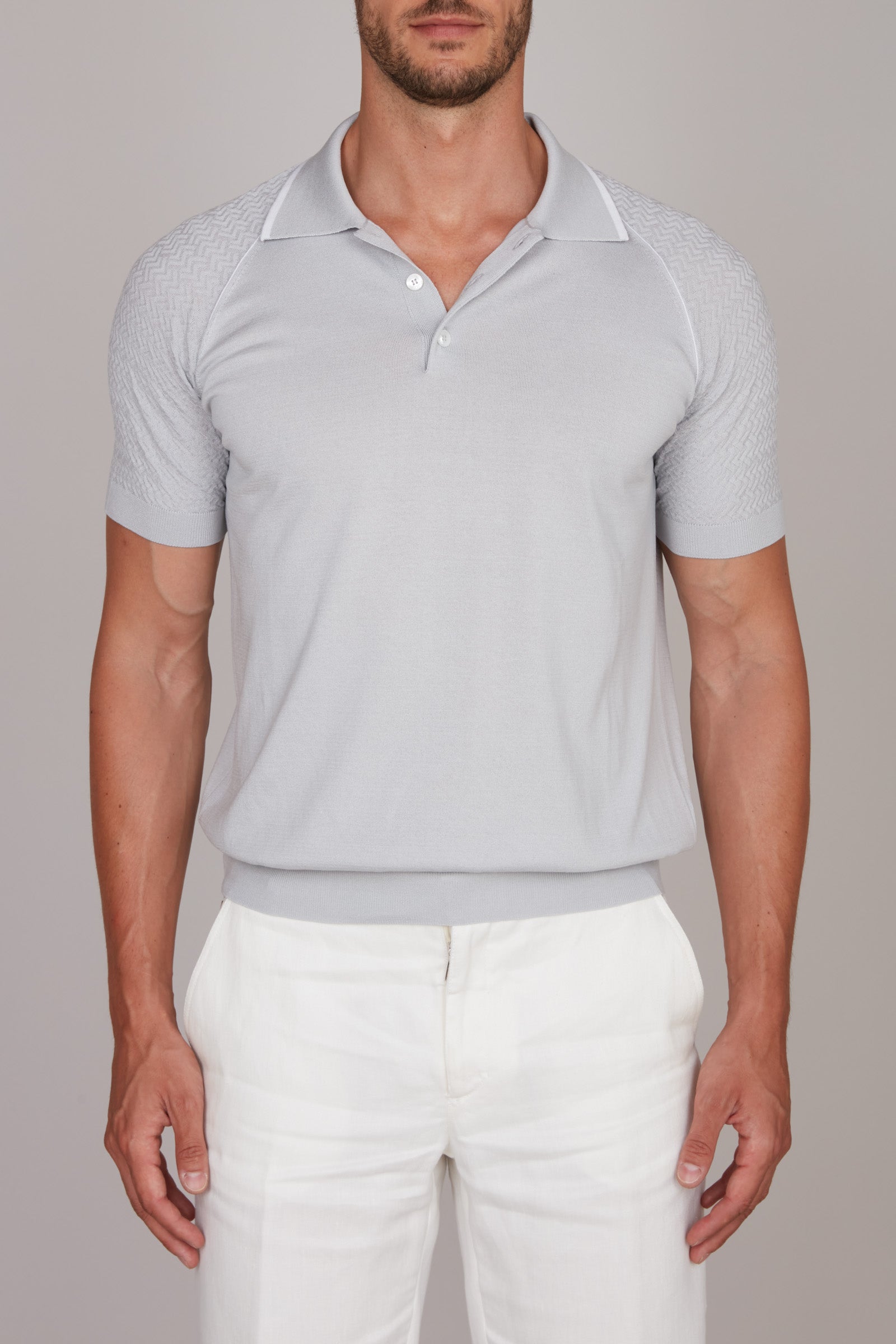 Raglan polo shirt in textured silk blend - Grey