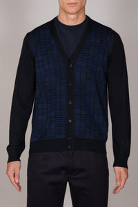 Cardigan à motif quadrillé en laine - Bleu & Noir