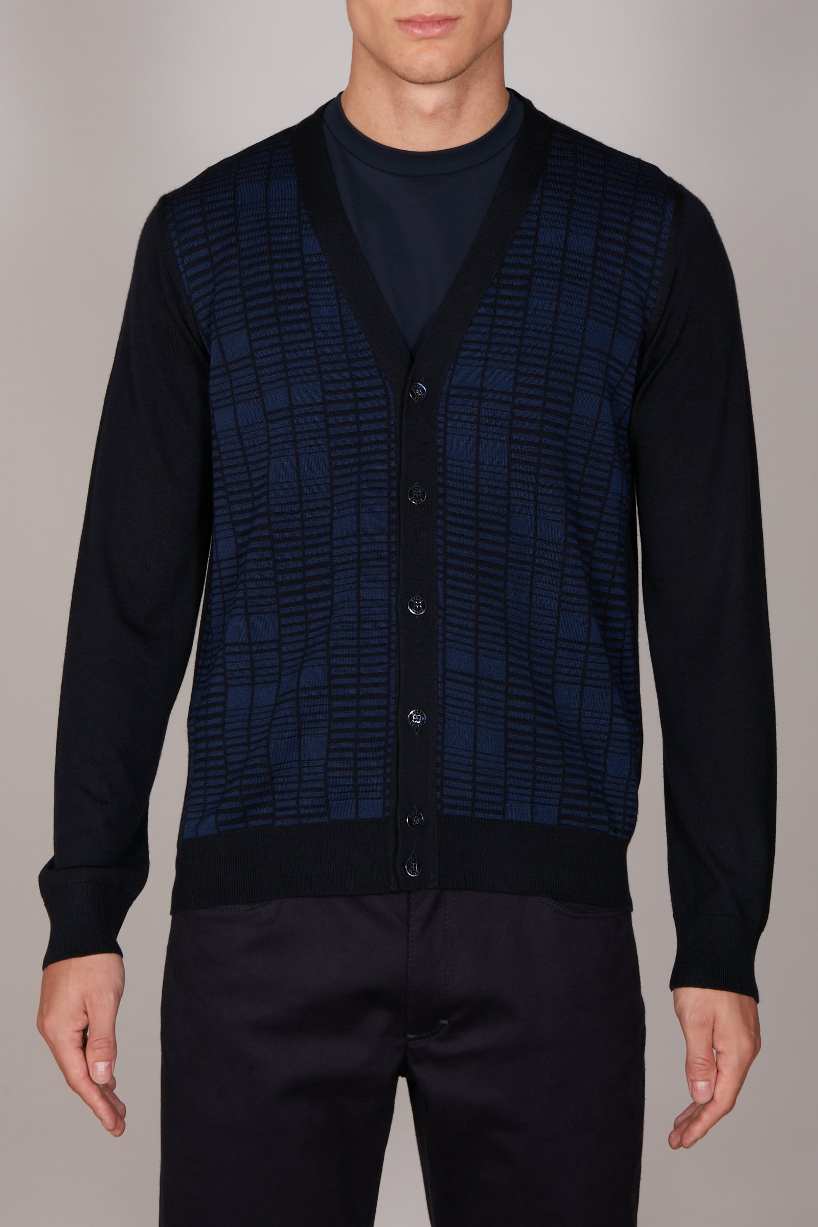 Cardigan à motif quadrillé en laine - Bleu & Noir