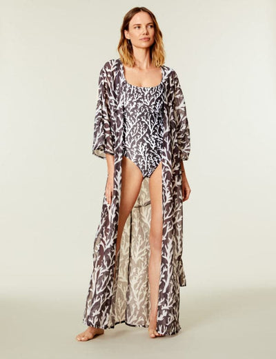 Belted Long Kimono - Grey Coral