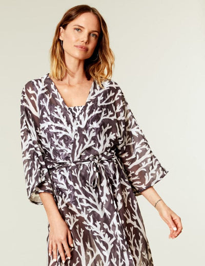 Belted Long Kimono - Grey Coral