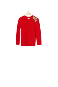 Jumper decorated with Merino wool brooches - Red