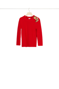 Pull en laine Mérinos décoré de broches - Rouge