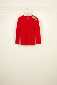 Pull en laine Mérinos décoré de broches - Rouge