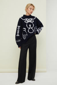 Merino wool jumper with embroidered motifs - Navy blue