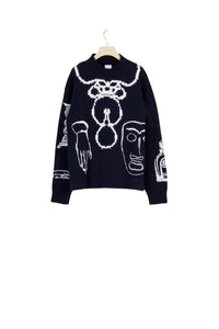 Merino wool jumper with embroidered motifs - Navy blue