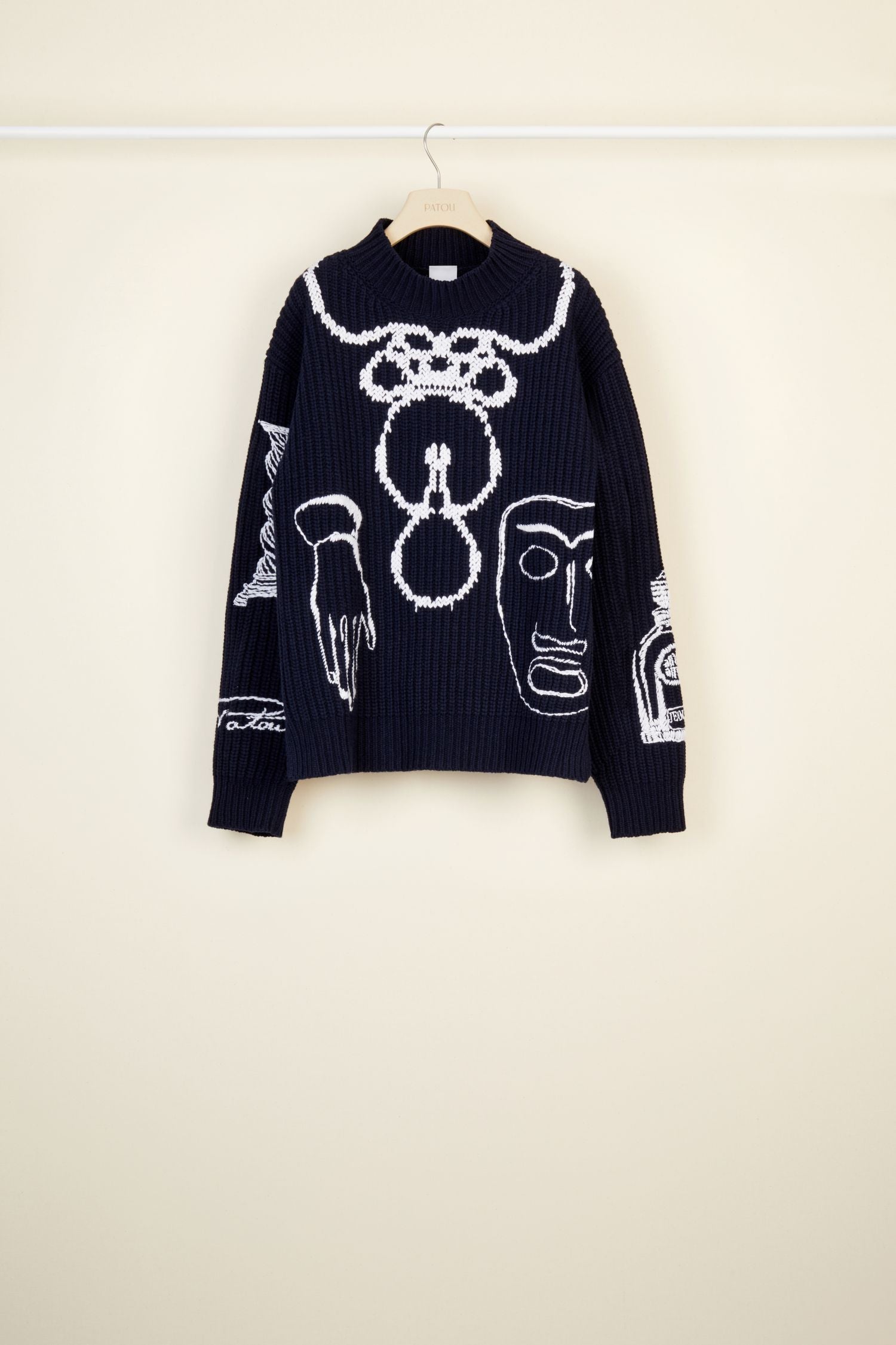 Pull en laine Mérinos à motifs brodés - Bleu Marine