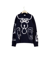 Pull en laine Mérinos à motifs brodés - Bleu Marine