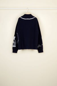 Merino wool jumper with embroidered motifs - Navy blue