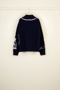 Pull en laine Mérinos à motifs brodés - Bleu Marine