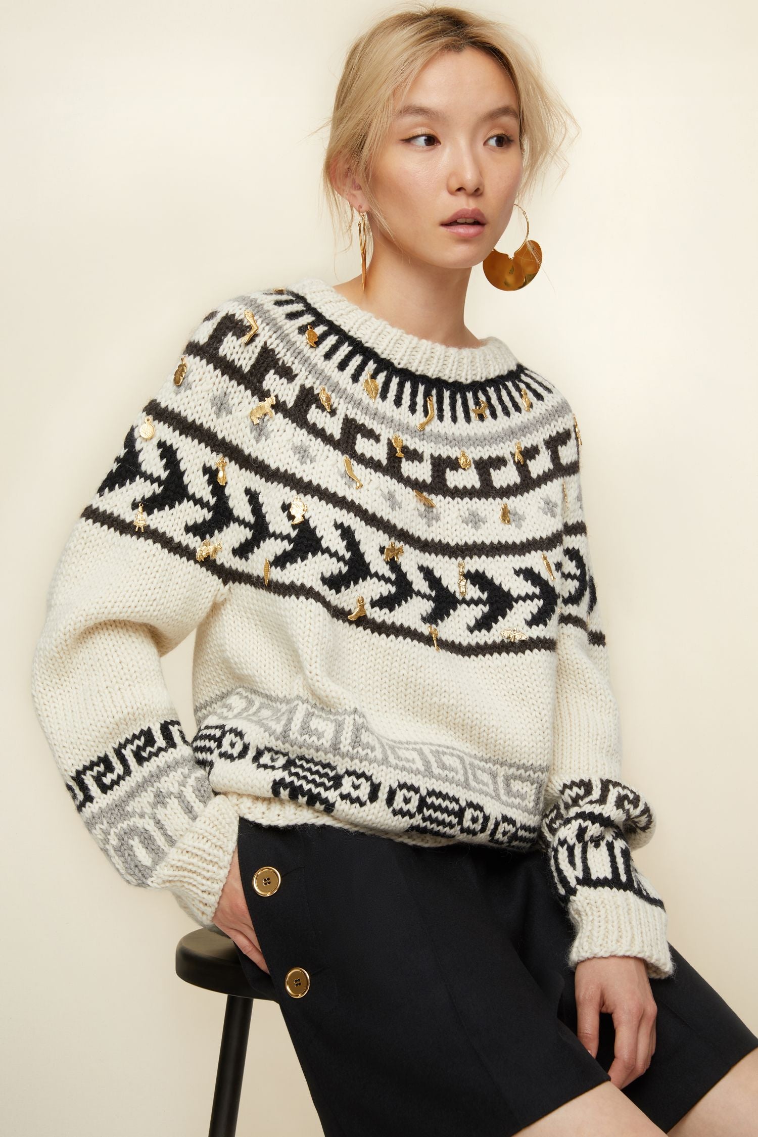 Pull en laine à motifs jacquard et ex-votos - Ex Voto
