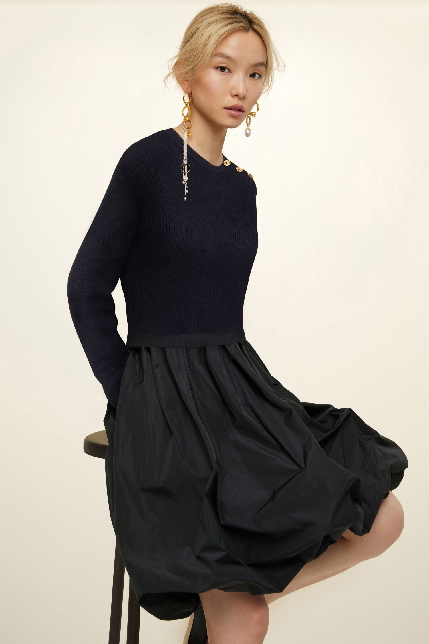 Robe bi-matière en laine - Bleu Marine
