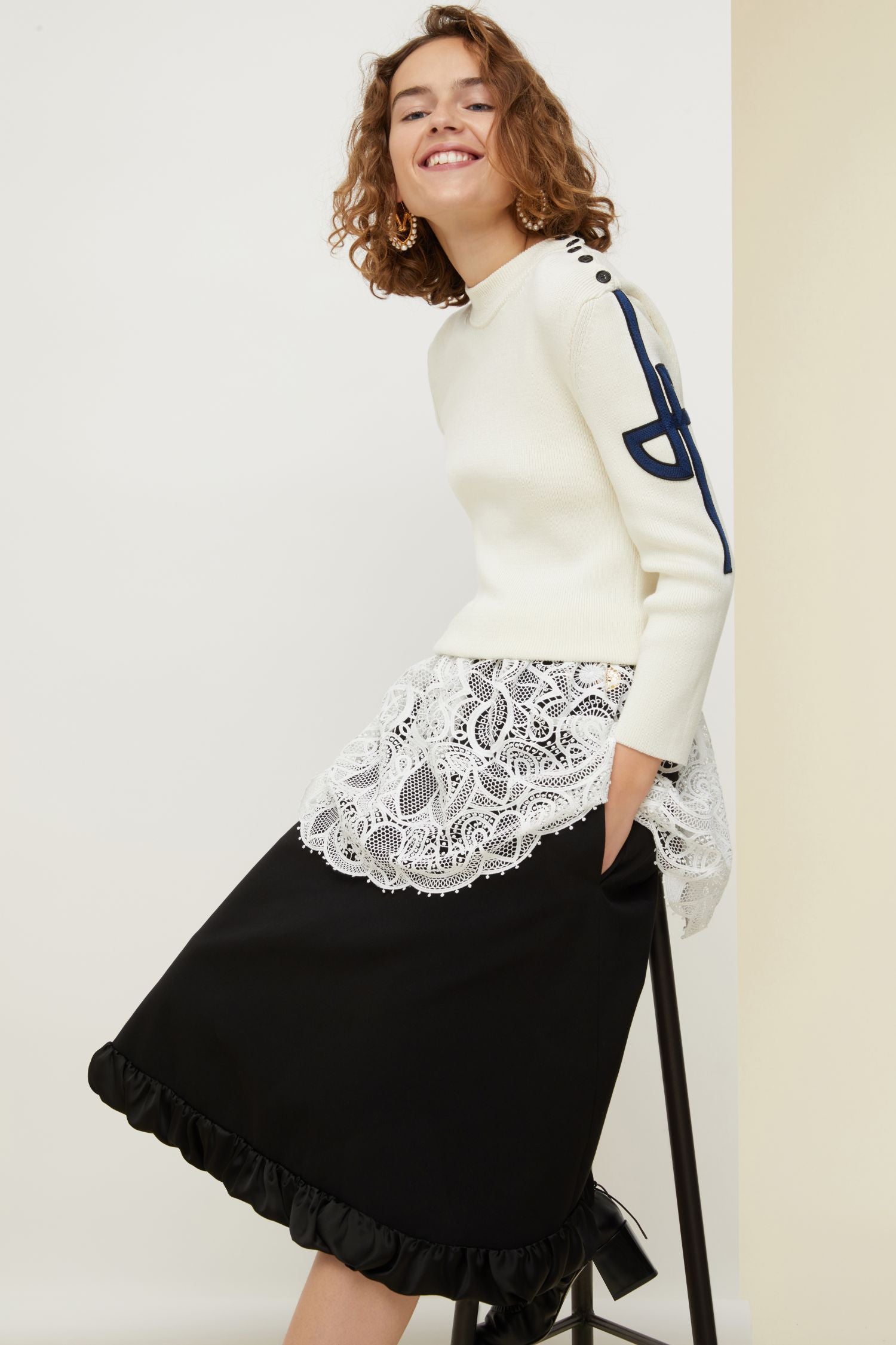 Breton jumper with cotton guipure decoration - Cream