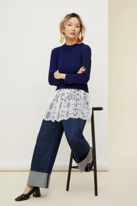 Pull breton en coton avec décoration guipure - Bleu Persan