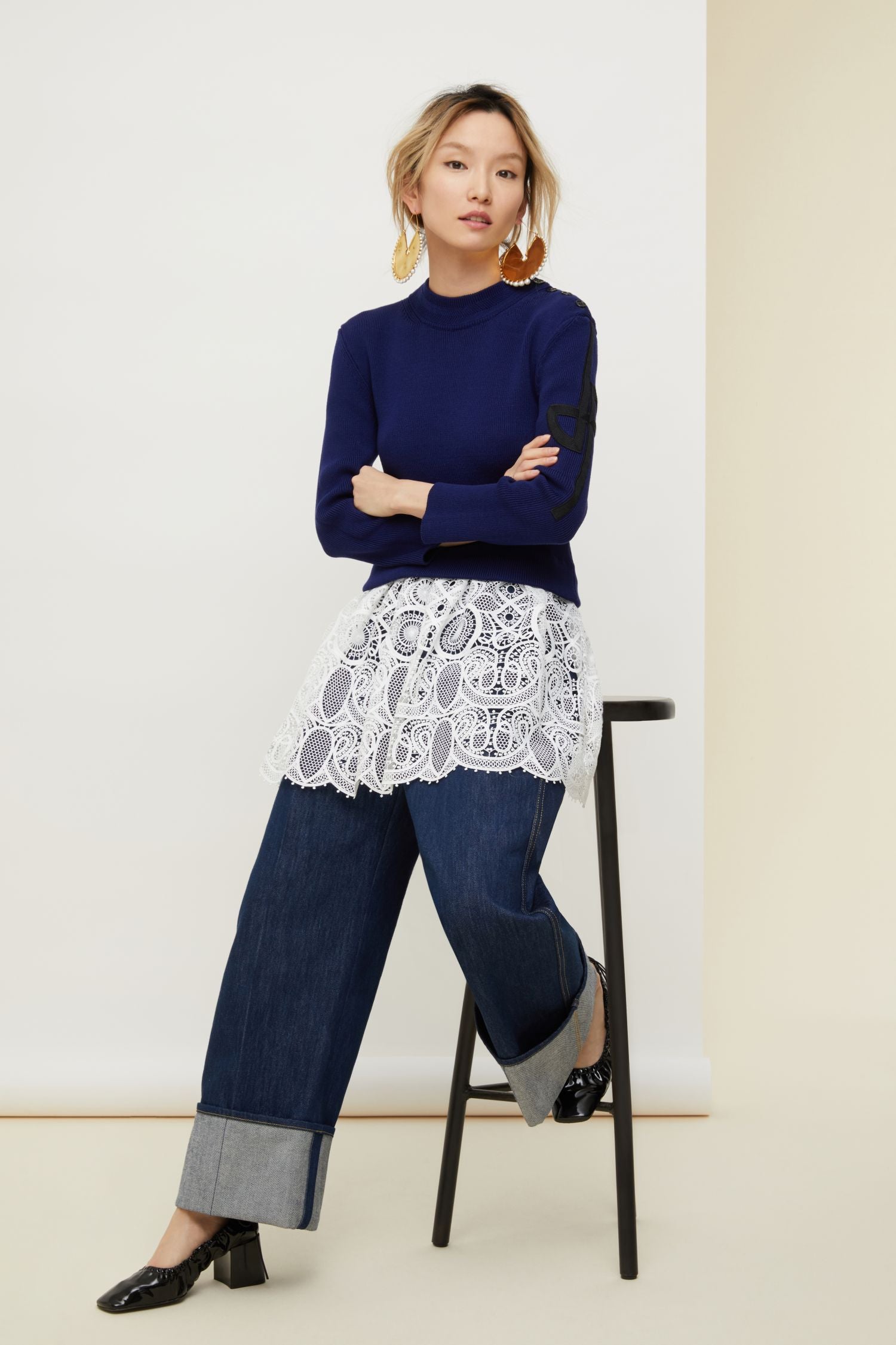 Pull breton en coton avec décoration guipure - Bleu Persan