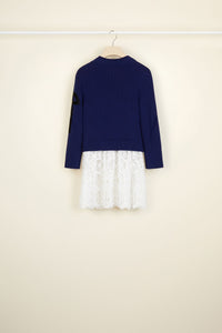 Pull breton en coton avec décoration guipure - Bleu Persan