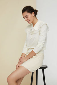 Pull fin à col crochet - Crème